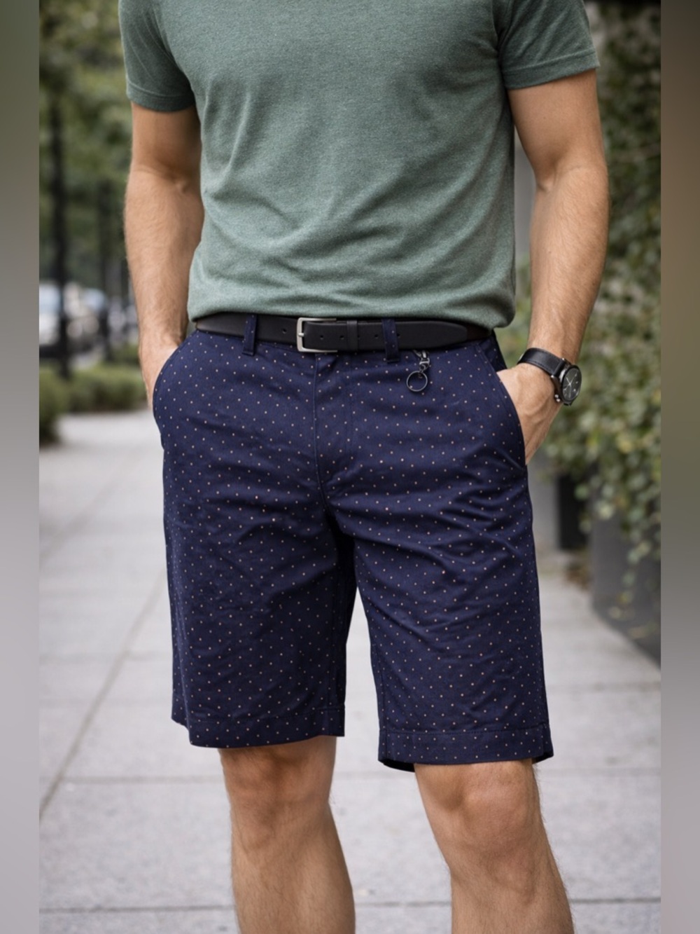 Navy Dot Shorts Men Size 30 Orange Polka Dot Denim & Flower